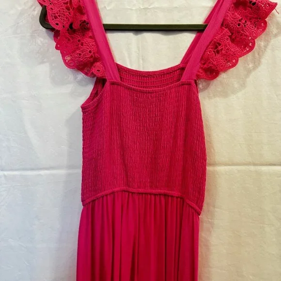 Pink Summer Lace Strap Sleeveless Smocked Maxi Dress | Medium - Picture 6 of 8